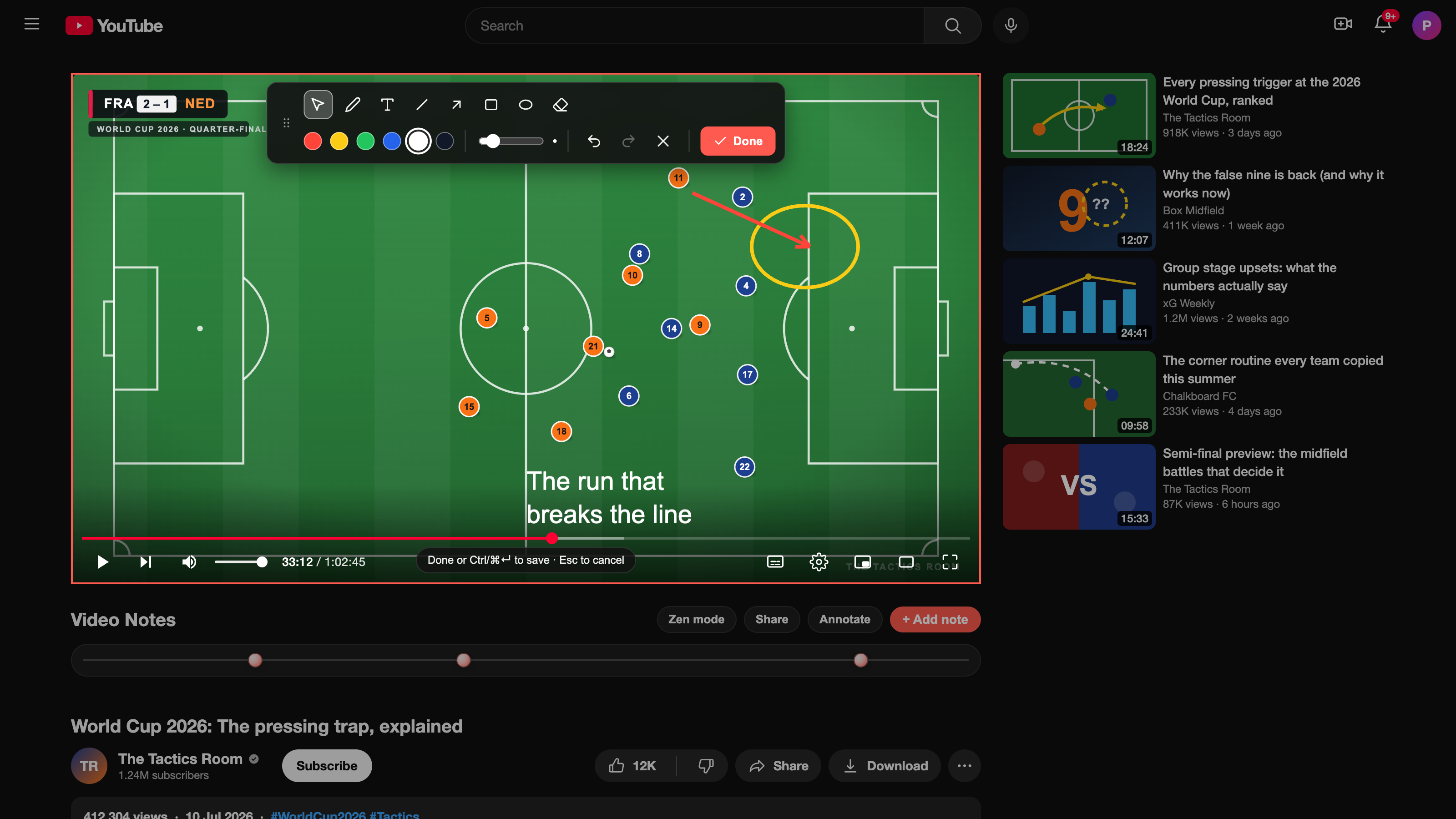 Video Notes annotation editor over a paused football tactics video, with a red arrow, yellow circle, and text drawn on the frame